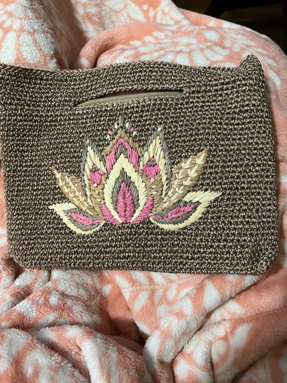The Sak Hand Crocheted Mini Handbag with Pink & Cream Floral Embroidery
